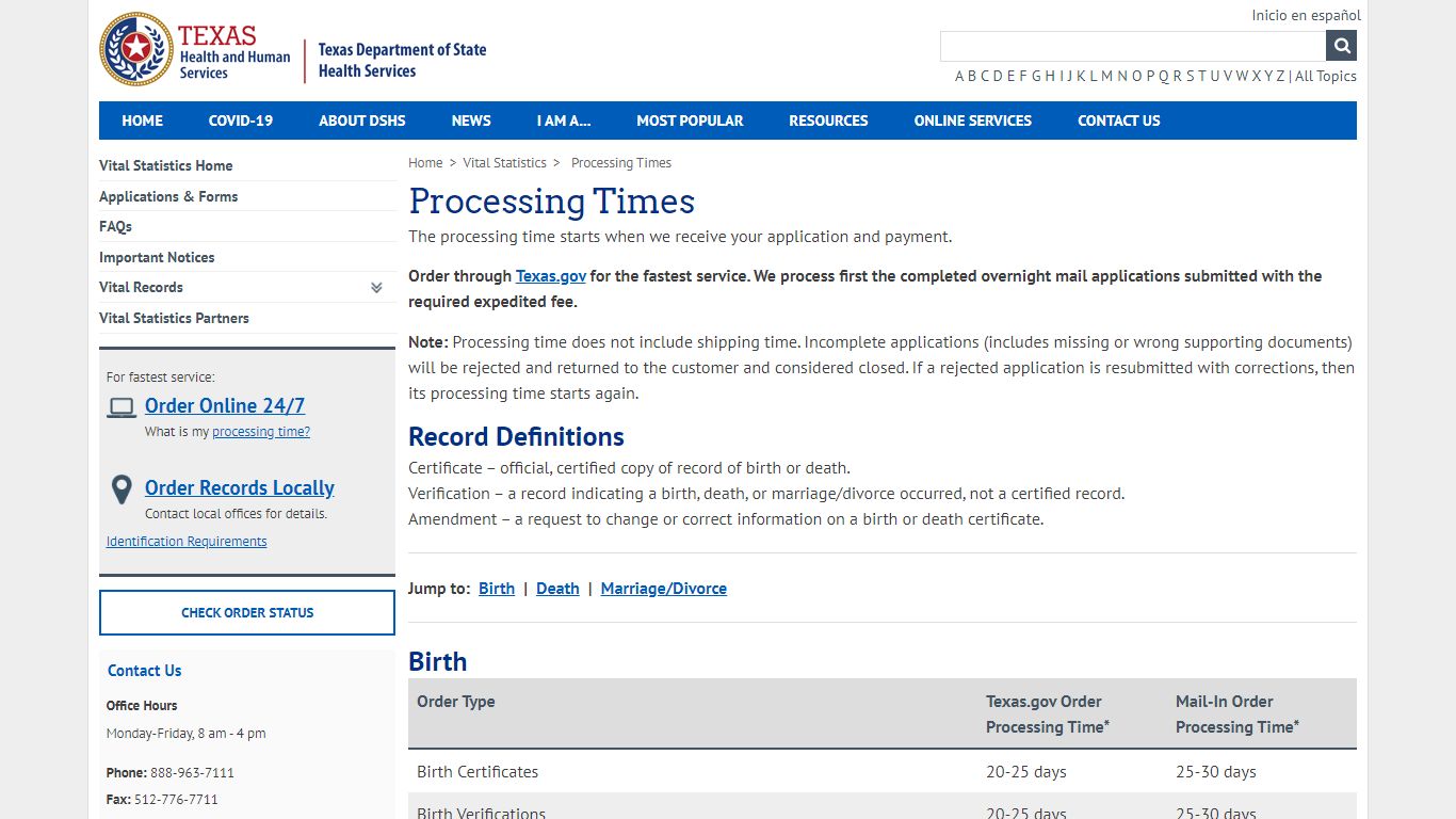 Processing Times - Texas